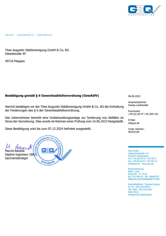 Augustin-Entsorgung Zertifikat Bestaetigung Gewerbeabfallordnung