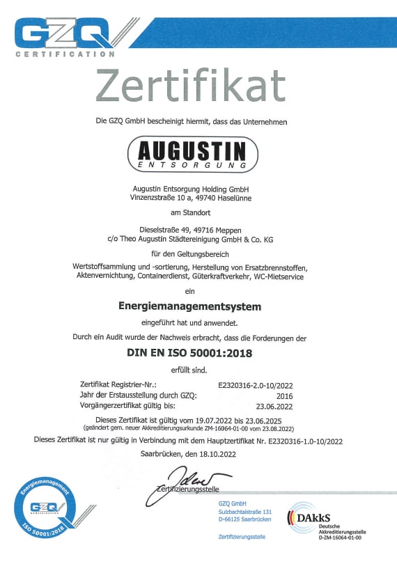 Augustin-Entsorgung Zertifikat Energiemanagement - DIN EN ISO 50001