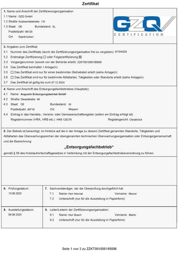 Augustin-Entsorgung Zertifikat Entsorgungbetrieb