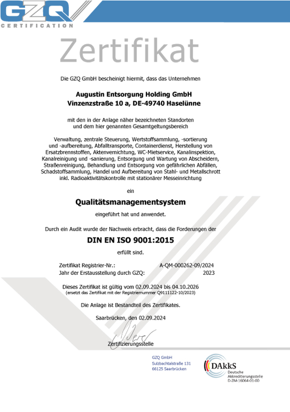 Zertifikat DIN EN ISO 9001 Qualitätsmanagement Augustin Entsorgung