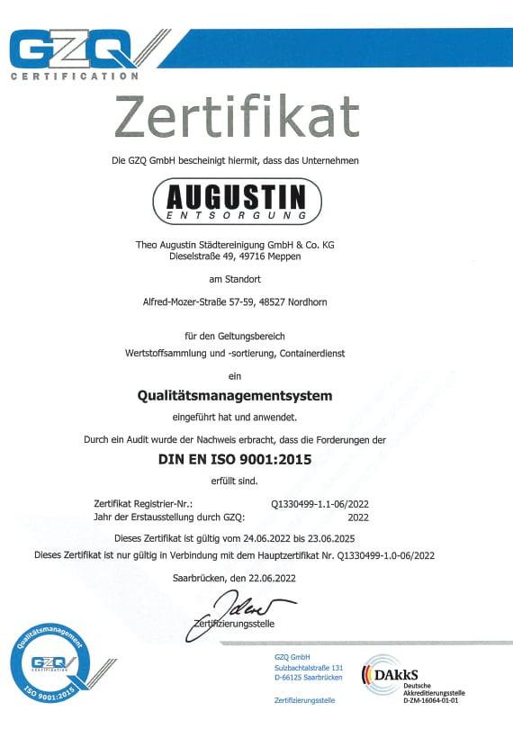 Augustin-Entsorgung Zertifikat Qualitätsmanagement nach DIN EN ISO 9001